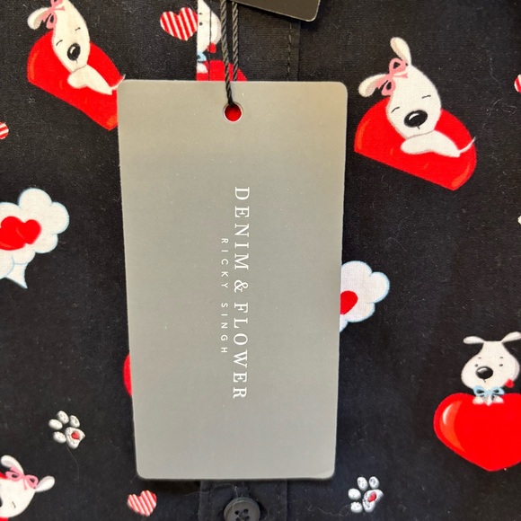 Denim & Flower Men’s Black Shirt with Hearts Puppy Dogs Love XL NWT - Picture 8 of 11